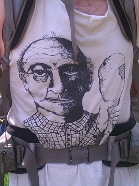 the hiker leafguy was smelly but the shirt he was sweating into was of his own design the hiker leafguy was smelly but the shirt he was sweating into was of his own design